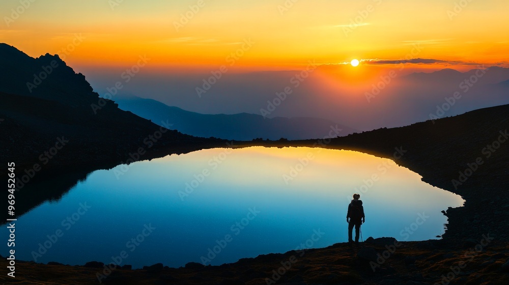 Breathtaking view of a sunrise over a tranquil mountain lake, with a hiker silhouetted against the glowing sky. Breathtaking view of a sunrise over a tranquil mountain lake, with a hiker silhouetted against the glowing sky.