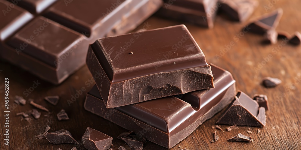 Pieces of rich dark chocolate placed on wooden surface with visible crumbs, showcasing texture and indulgence. Pieces of rich dark chocolate placed on wooden surface with visible crumbs, showcasing texture and indulgence.