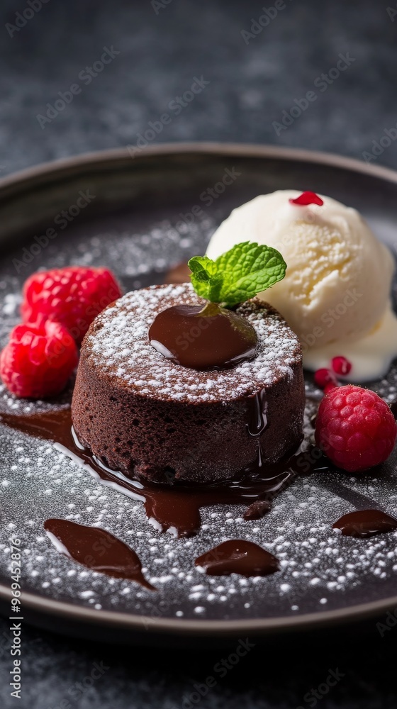 Chocolate lava cake with vanilla ice cream and raspberries, gourmet dessert experience Chocolate lava cake with vanilla ice cream and raspberries, gourmet dessert experience