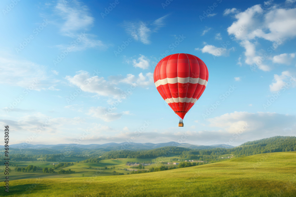 Obraz premium Red Hot Air Balloon Soaring Over Lush Green Fields