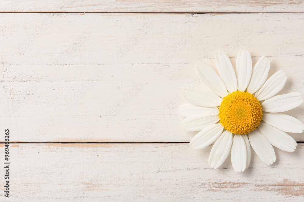 Obraz premium Single white daisy flower on rustic wooden background, minimal floral composition for nature-inspired decor