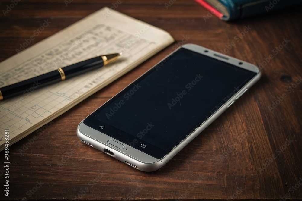 The smartphone is lying on the desk The smartphone is lying on the desk