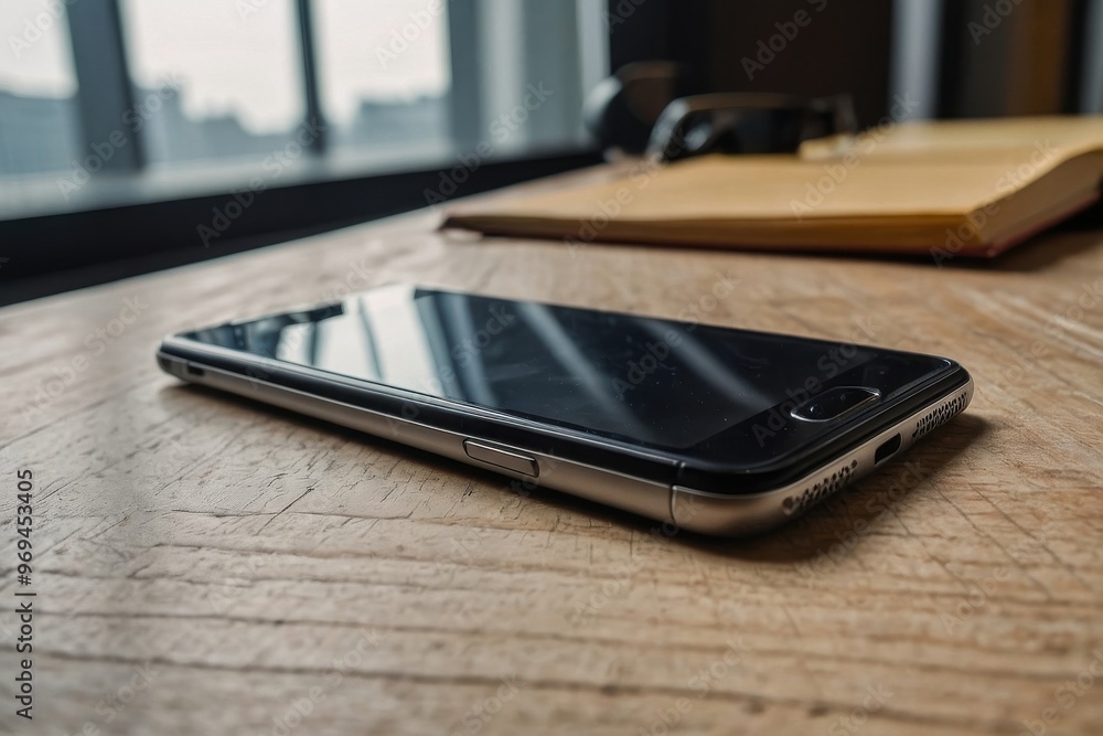 The smartphone is lying on the desk The smartphone is lying on the desk
