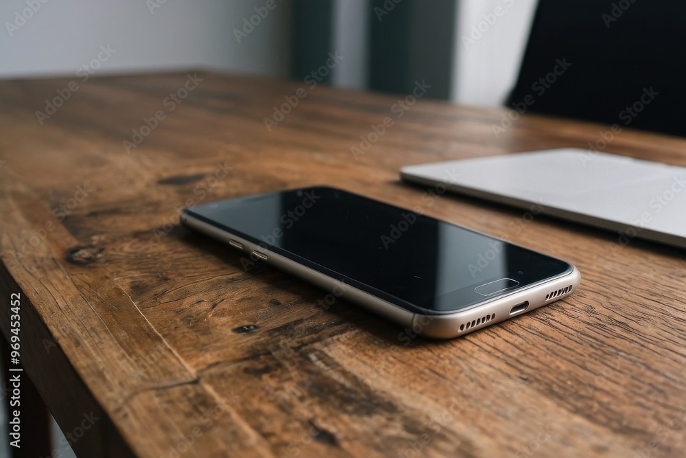 The smartphone is lying on the desk The smartphone is lying on the desk