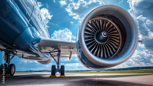 Close-up view of a modern jet engine against a blue sky with clouds, showcasing aviation technology and power.