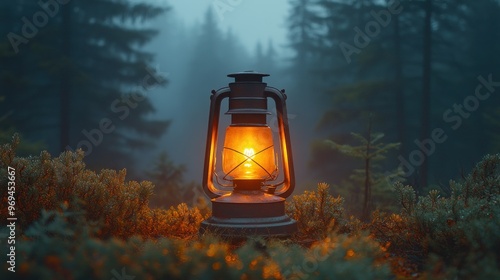 A glowing lantern in a misty forest setting.