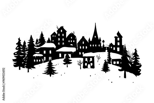 Silhouette of a winter village with snowflakes and trees on a white background. Concept of winter holidays and Christmas spirit. Vector illustration