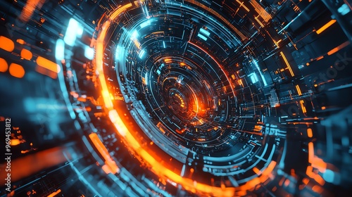 Wallpaper Mural Futuristic abstract illustration featuring glowing blue and orange elements, creating a dynamic and captivating tech-inspired vortex. Torontodigital.ca