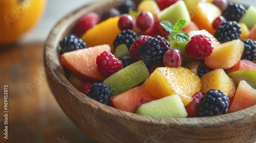 A close-up of a fruit salad in a rustic bowl, featuring a mix of juicy melons, berries, and citrus fruits, with a refreshing and appetizing appearance.