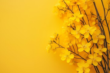 Poster Bloemen Gele bloemen tegen zonnig gele achtergrond  © StockUp