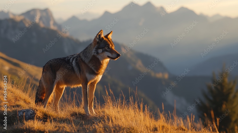 Wild Italian wolf also called Apennine wolf Canis lupus italicus standing at the top of a slope looking for prey while the sun is rising. Rare wild animal in its habitat. Italian Alps Piedmont. Wild Italian wolf also called Apennine wolf Canis lupus italicus standing at the top of a slope looking for prey while the sun is rising. Rare wild animal in its habitat. Italian Alps Piedmont.
