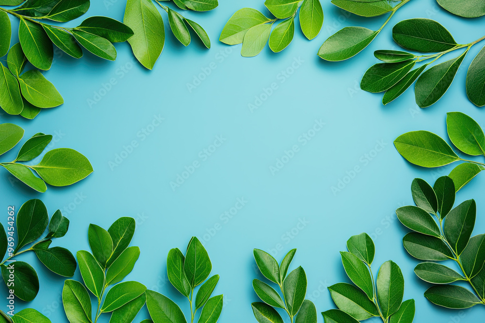Vibrant green leaves arranged in a circular pattern on a calming blue background, perfect for nature-themed designs. Vibrant green leaves arranged in a circular pattern on a calming blue background, perfect for nature-themed designs.