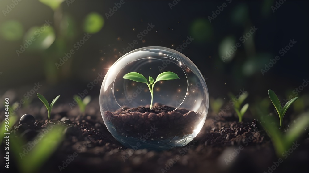 Glass Globe Protecting Sprout in Soil with Bokeh Background Glass Globe Protecting Sprout in Soil with Bokeh Background