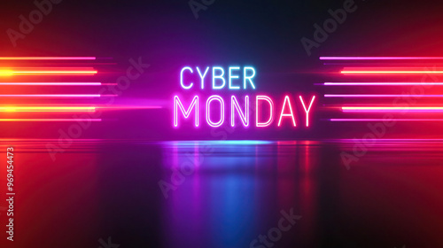 Cyber Monday text in glowing neon colors with a futuristic and digital background, emphasizing online shopping deals. photo