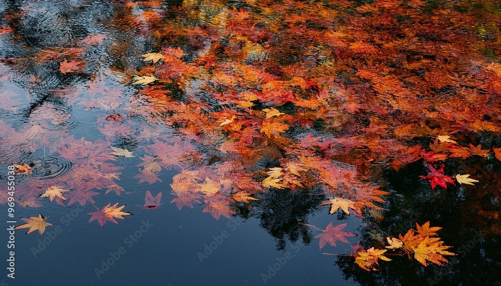 serene scene of autumn leaves floating on the surface of a dark, reflective body of water.