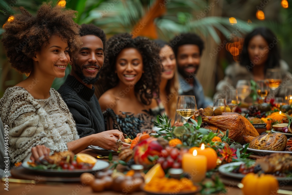 A joyful gathering of friends enjoying a feast surrounded by autumn decorations in a tropical setting during the evening A joyful gathering of friends enjoying a feast surrounded by autumn decorations in a tropical setting during the evening