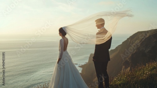 Romantic Couple on a Clifftop at Sunset with Veil Blowing in the Wind