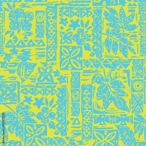 Tropical leaf hibiscus flowers Hawaiian tribal element patchwork wallpaper abstract grunge vector seamless pattern for fabric shirt pillow tablecloth towel wrapping