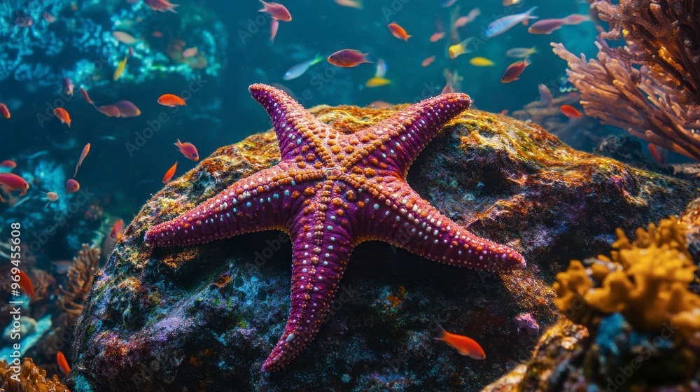 A close-up of a vibrant starfish resting on a rock underwater, surrounded by tiny fish and colorful coral, illustrating the beauty of marine ecosystems. A close-up of a vibrant starfish resting on a rock underwater, surrounded by tiny fish and colorful coral, illustrating the beauty of marine ecosystems.