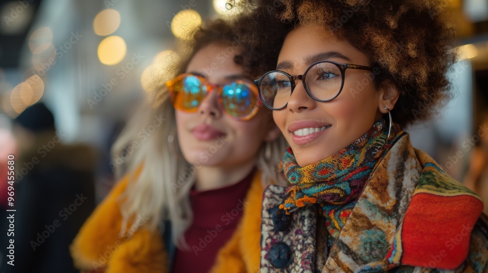 Obraz premium Two friends with stylish glasses, colorful scarves, and cozy jackets enjoying a day outdoors with urban, bokeh background.