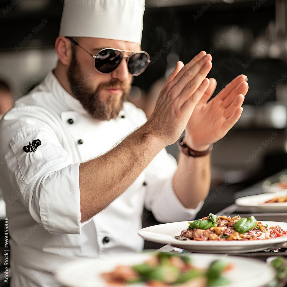Chef in a busy kitchen, wearing aviator sunglasses, clapping after plating a dish, intense and dramatic Chef in a busy kitchen, wearing aviator sunglasses, clapping after plating a dish, intense and dramatic