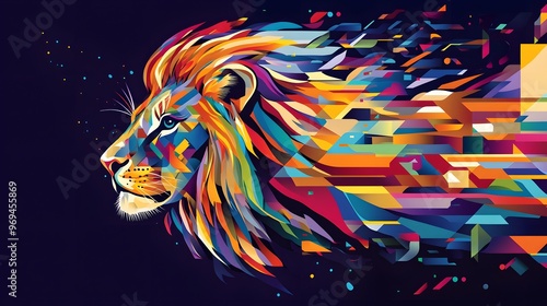 A colorful 2D flat abstract depiction of a lion with a flowing mane made of rainbow hues and geometric shapes photo