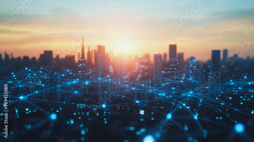 Smart digital city with connection cyber security network reciprocity over the cityscape . future smart wireless digital city and social media networking systems that connects people within the city