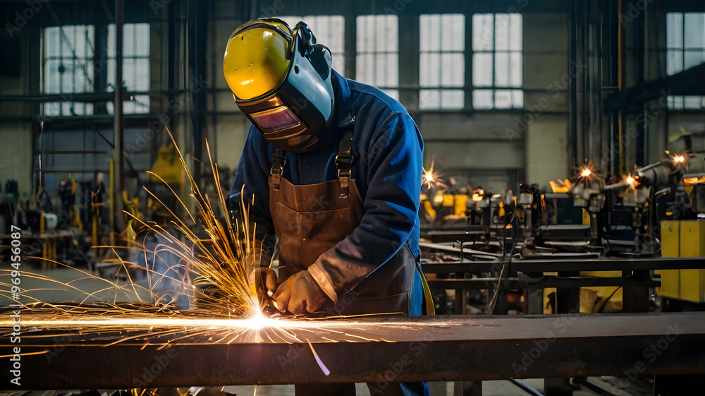 Welder working diligently on steel in a bustling factory, sparks flying as he repairs metal structures Welder working diligently on steel in a bustling factory, sparks flying as he repairs metal structures