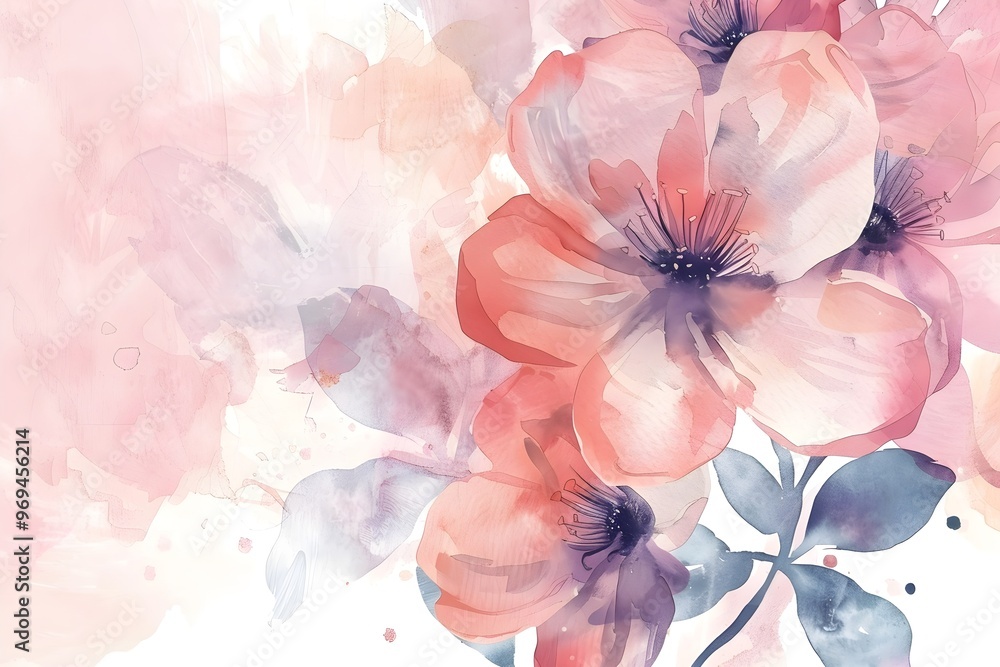 Obraz premium A gentle watercolor painting depicting delicate pink and peach flowers, with soft, blurred edges and subtle splashes of color. The artwork evokes a sense of calm and serenity.