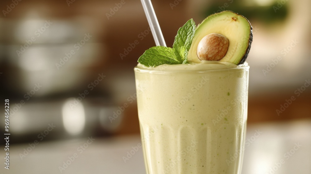 A close-up of an avocado smoothie or shake, garnished with a slice of avocado and mint leaves, in a clear glass with a straw, set against a bright kitchen backdrop. A close-up of an avocado smoothie or shake, garnished with a slice of avocado and mint leaves, in a clear glass with a straw, set against a bright kitchen backdrop.