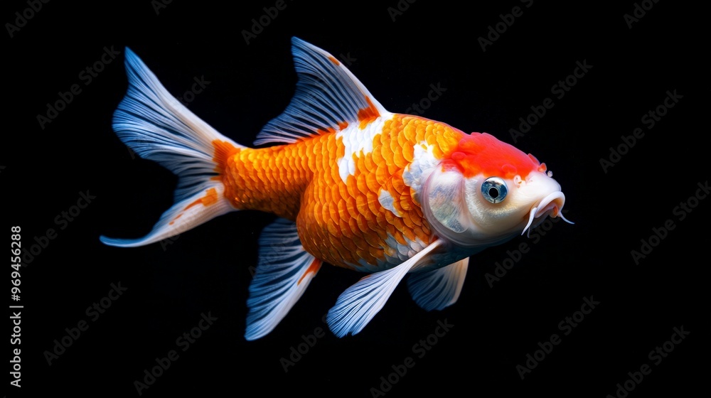 Vibrant orange and white fish with a red head, swimming gracefully against a black background, showcasing its delicate fin details. Vibrant orange and white fish with a red head, swimming gracefully against a black background, showcasing its delicate fin details.