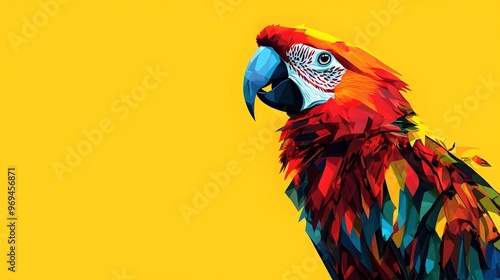 A 2D flat abstract depiction of a colorful parrot, its feathers made of geometric shapes in vibrant shades of red, blue, and yellow photo