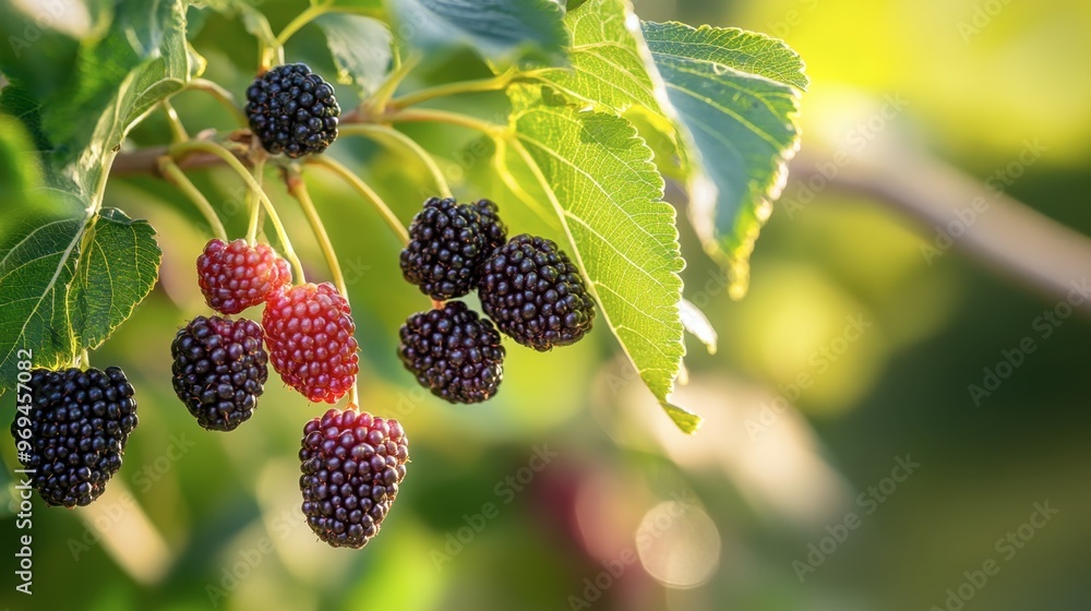 A close-up of fresh, ripe mulberries on the branch, with their deep purple color and delicate texture highlighted against lush green leaves. A close-up of fresh, ripe mulberries on the branch, with their deep purple color and delicate texture highlighted against lush green leaves.