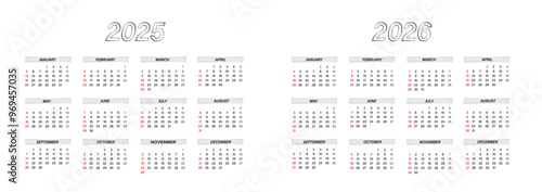 calendar 2025, 2026 year, week starts on sunday corporate planner template vector editable. Business calendar Yearly organizer in minimalist style for 2025, 2026 design. Landscape orientation