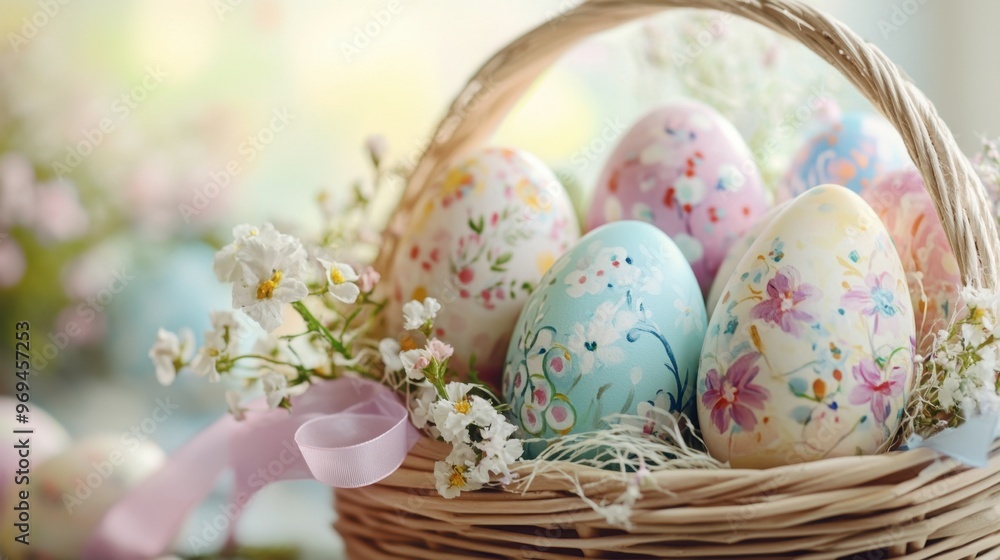 Fototapeta premium A close-up of hand-painted Easter eggs nestled in a decorative basket with spring flowers and pastel ribbons, evoking the spirit of the season.
