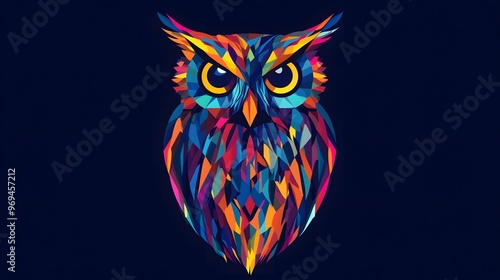 A colorful abstract owl in 2D flat style, with stylized features, bold geometric lines, and vibrant feathers glowing in the night photo