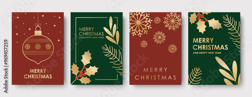 Merry Christmas, snowflakes, holly berries by Christmas trees, set of Christmas cards for your design, winter vector illustration.