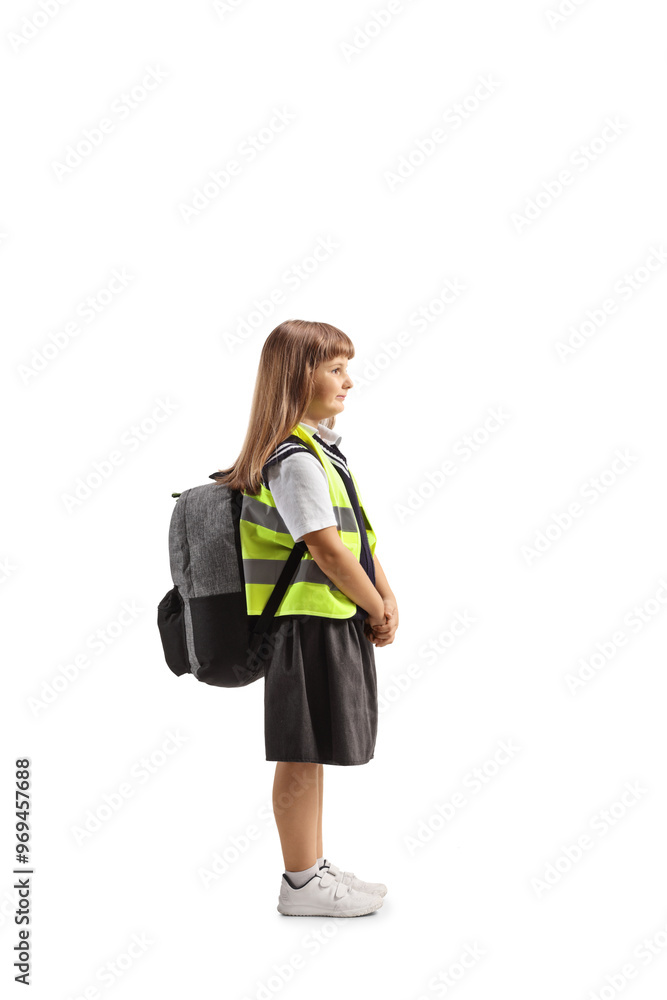 Full length profile shot of a schoolgirl in a uniform and reflective safety vest Full length profile shot of a schoolgirl in a uniform and reflective safety vest