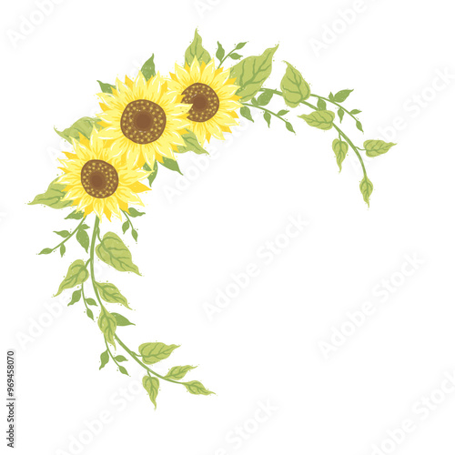 Set of beautiful sunflower decorative wreath in romantic hand drawing rustic pencil line style