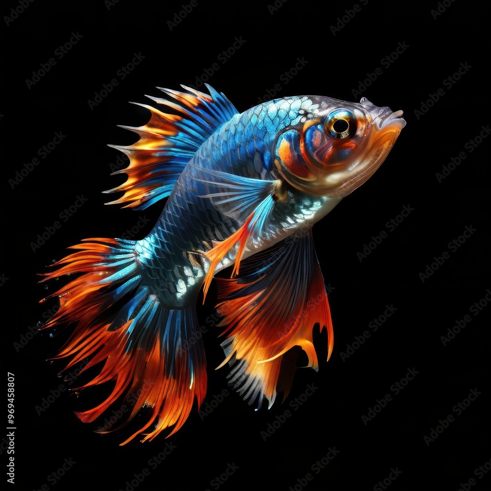 A vibrant, colorful fish with flowing fins against a black background. A vibrant, colorful fish with flowing fins against a black background.