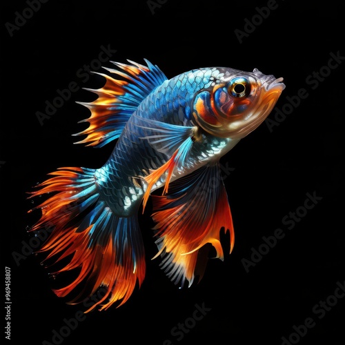 A vibrant, colorful fish with flowing fins against a black background.