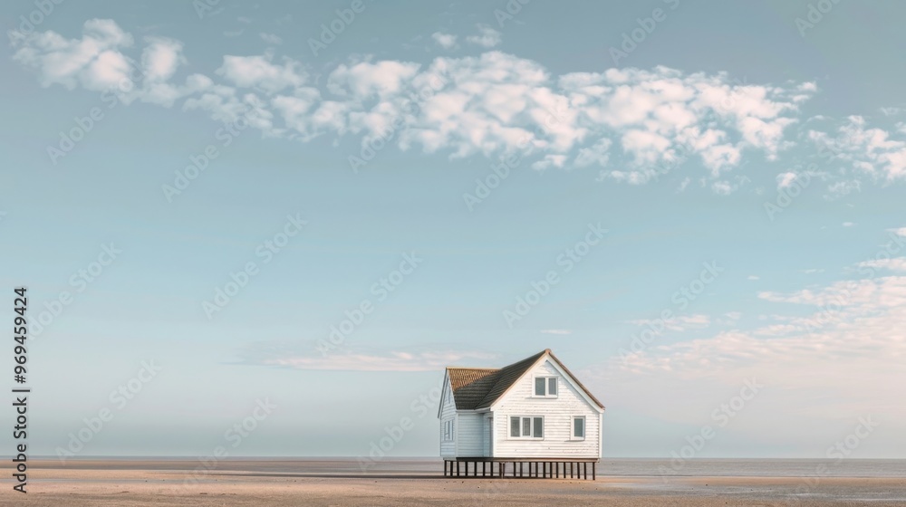 Serene Beach House on Stilts Under a Clear Sky with Soft Clouds