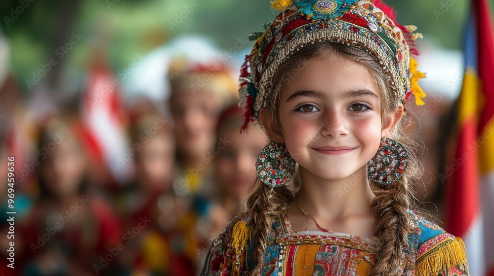 Fototapeta premium Close up Children in traditional Turkish national flags displayed prominently