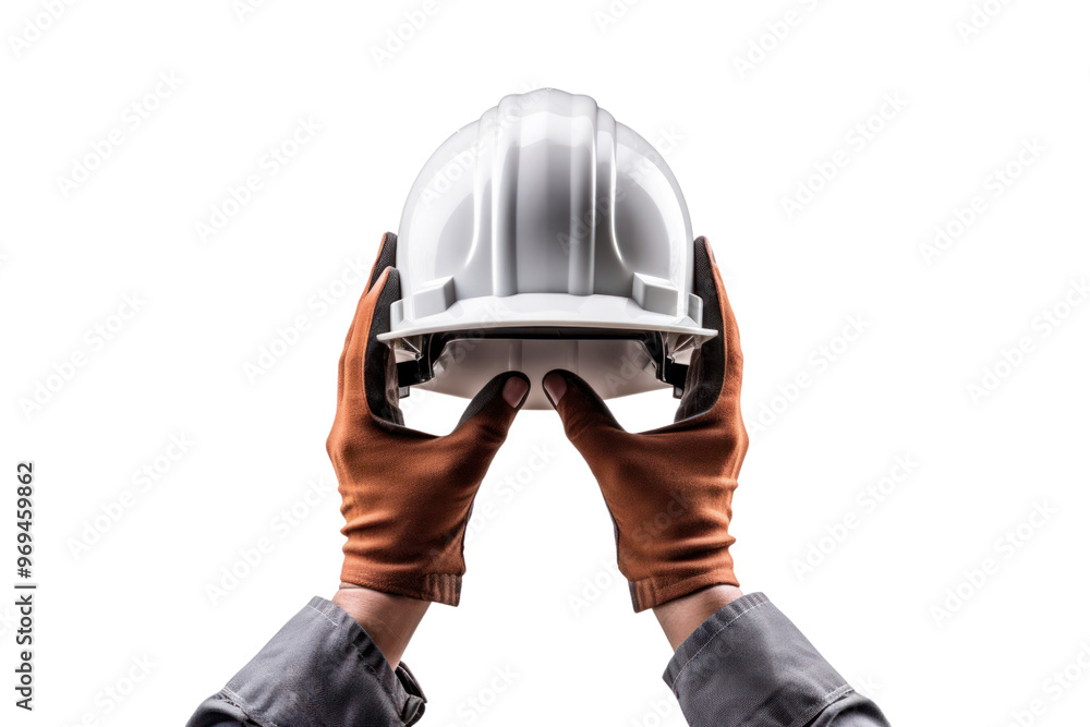 Fototapeta premium A worker's hand adjusting a safety helmet isolated on white background