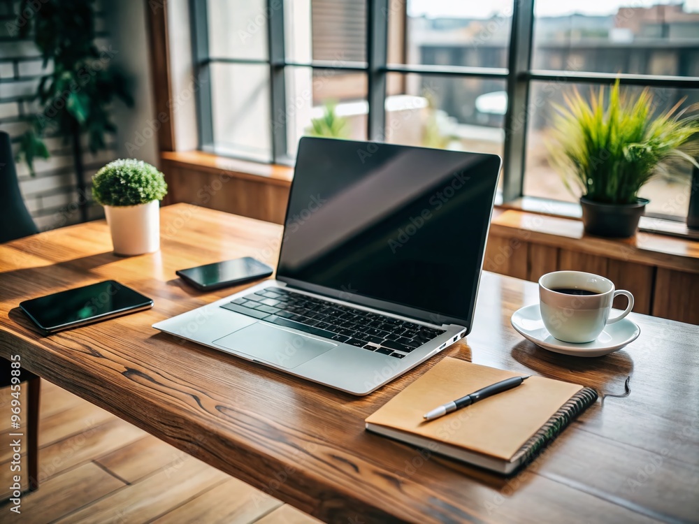 Fototapeta premium A sleek, modern laptop on a wooden desk, surrounded by papers, pens, and a cup of coffee, showcasing