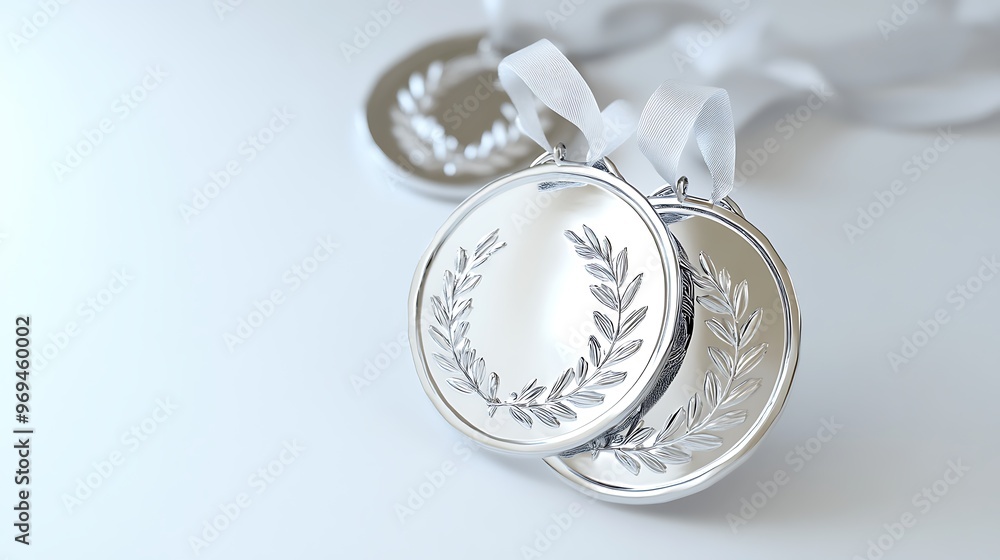 Shiny Silver Medals Reflecting Success on White Background - 3D Rendering Illustration of Achievement Recognition