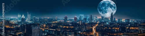 Stunning night cityscape with illuminated skyscrapers and full moon. 