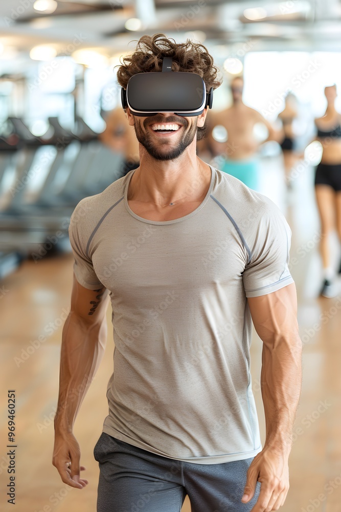 Man in Gym Using VR for Virtual Fitness Studio. Man in Gym Using VR for Virtual Fitness Studio.