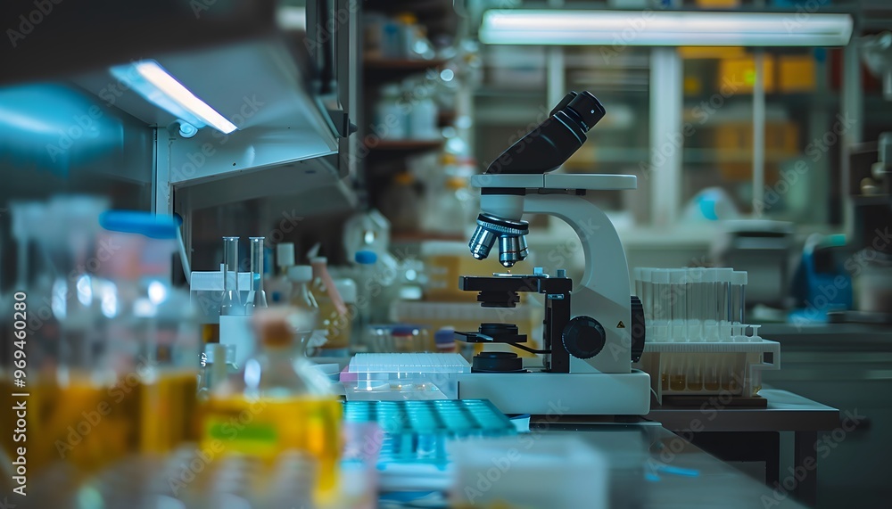 Detailed view of a modern laboratory setup featuring a microscope and various glassware, ideal for scientific research imagery. Detailed view of a modern laboratory setup featuring a microscope and various glassware, ideal for scientific research imagery.