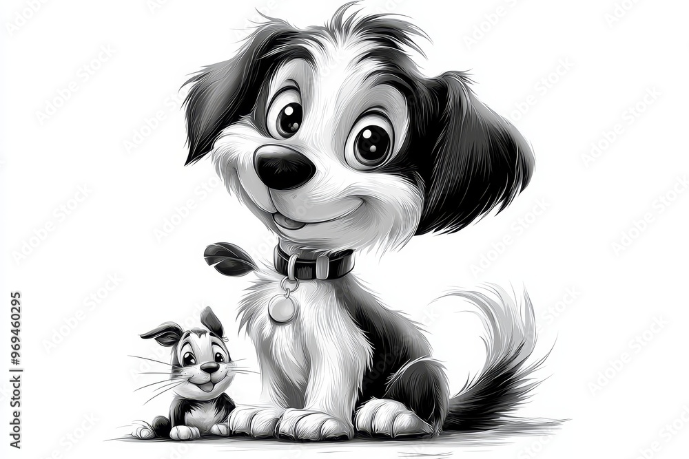 Naklejka premium Adorable pets in a playful scene, black and white, line art, cute, lively, animal companions, heartwarming moments ::1.4 dogs, cats, rabbits, hamsters, playful antics